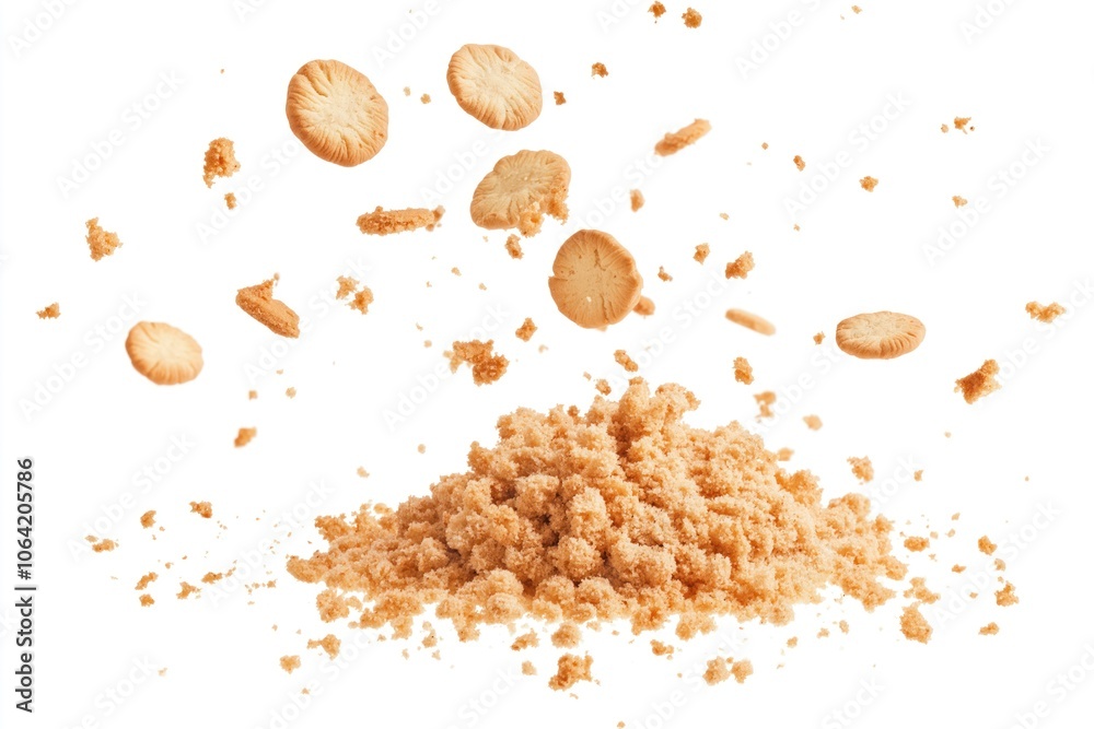 Close-up view of pile of brown, crumbly, slightly sticky cookies scattered across white background. Cookies in various stages of eaten, partially consumed, untouched. Slightly elevated angle provides