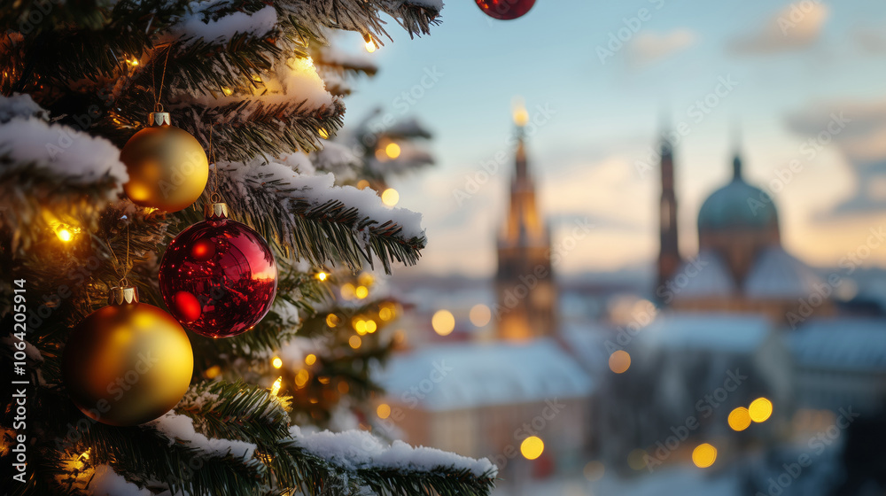 Fototapeta premium Close-up image of Christmas tree with gold and red ornaments in the background of the panorama of an old town