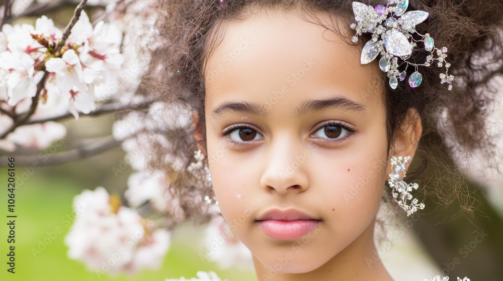 Starry-Eyed Mixed Race Girl Amid Cherry Blossoms Starry-Eyed Mixed Race Girl Amid Cherry Blossoms