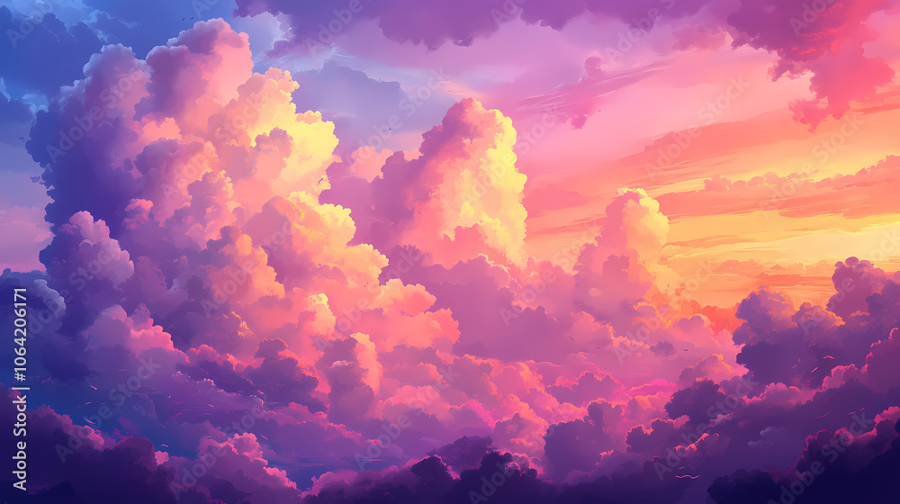 Vibrant sunset clouds in shades of pink and purple with a tranquil sky, creating a serene and dreamy atmosphere. Mystical. Illustration Vibrant sunset clouds in shades of pink and purple with a tranquil sky, creating a serene and dreamy atmosphere. Mystical. Illustration