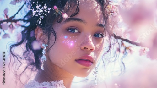 Starry-Eyed Mixed Race Girl Amid Cherry Blossoms