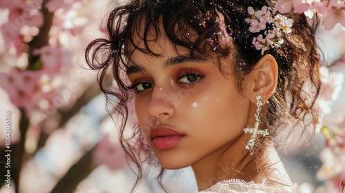 Starry-Eyed Mixed Race Girl Amid Cherry Blossoms