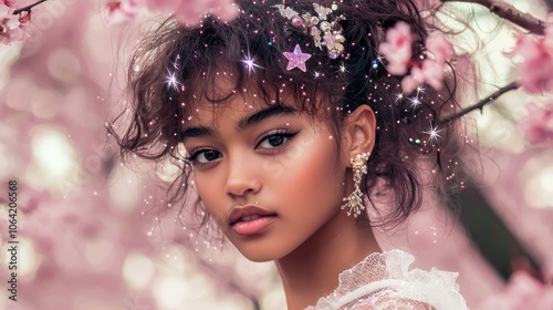 Starry-Eyed Mixed Race Girl Amid Cherry Blossoms