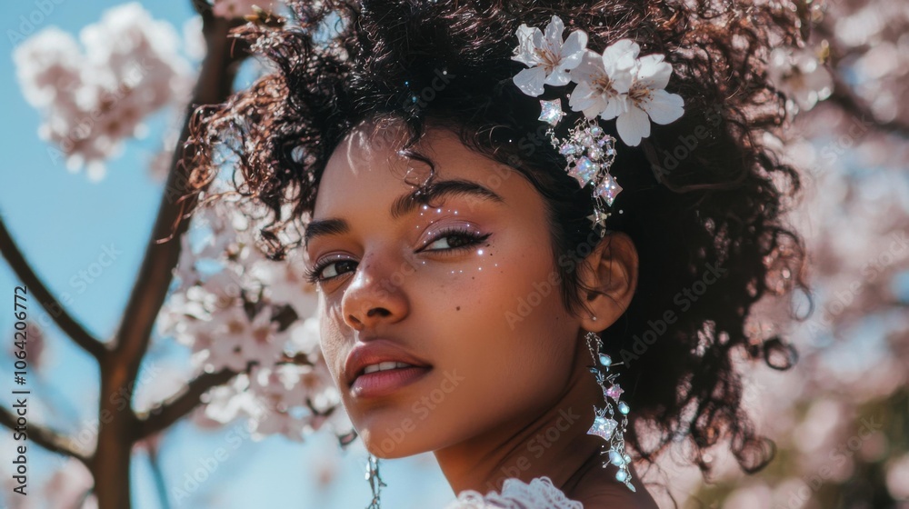 Starry-Eyed Mixed Race Girl Amid Cherry Blossoms Starry-Eyed Mixed Race Girl Amid Cherry Blossoms