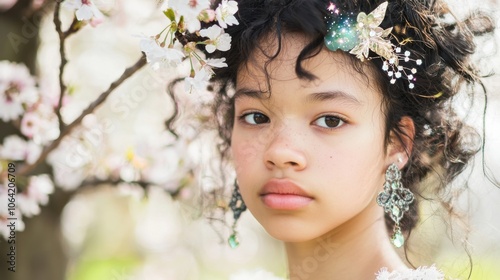 Starry-Eyed Mixed Race Girl Amid Cherry Blossoms