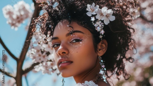 Starry-Eyed Mixed Race Girl Amid Cherry Blossoms