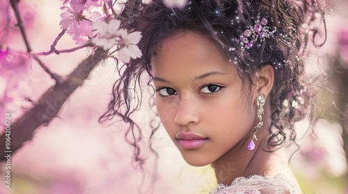 Starry-Eyed Mixed Race Girl Amid Cherry Blossoms