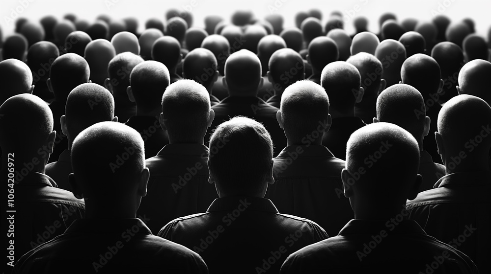 Obraz premium Silhouetted crowd of people from behind with uniform appearance in black and white