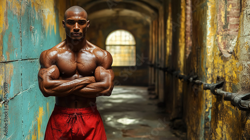 Muscular athlete standing in abandoned building with crossed arms