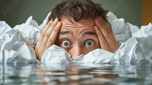 Overwhelmed man surrounded by crumpled papers and rising water in office setting photo