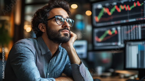 Contemplative analyst examining financial data on monitors in modern office