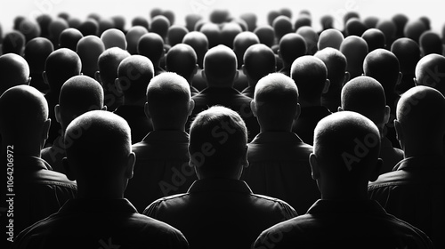 Silhouetted crowd of people from behind with uniform appearance in black and white