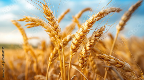 Golden wheat fields swaying under a clear blue sky at sunrise photo