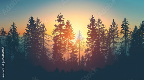 Pine trees silhouettes. Evergreen coniferous forest silhouette, nature spruce tree park view vector illustration. 