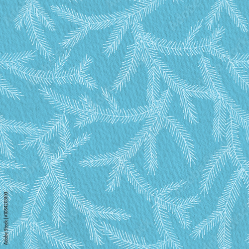 Seamless Wrapping Paper Pattern of Winter Pine Branches Pattern on Blue Background