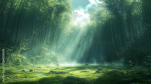 A misty morning in a bamboo forest with sunlight filtering through the tall, dense stalks: The ground is covered in soft moss, and the sunlight creates an ethereal, calming atmosph