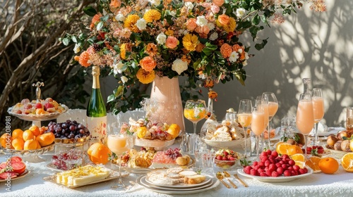 A table set for a brunch party with champagne, fruit, pastries, and flowers.