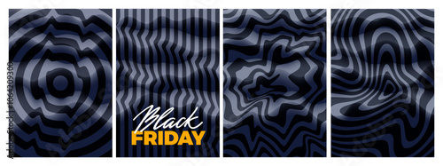 3D Black and White Geometric Collages. Abstract Black Friday Sale Backgrounds. Trippy Y2K Swirl Patterns.