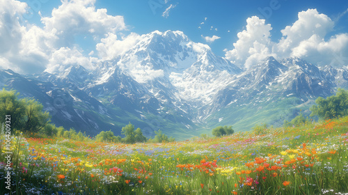 An alpine meadow dotted with wildflowers and surrounded by towering snowy peaks: The meadow is lush and green, with bright flowers creating a colorful foreground against the majest photo