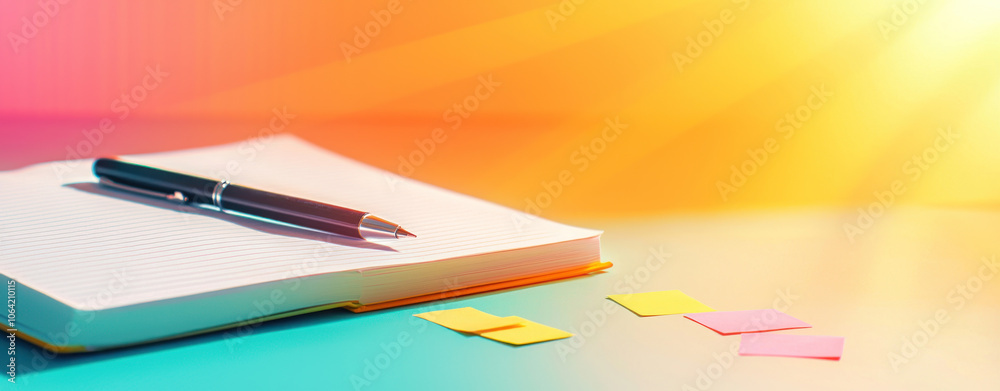 Fototapeta premium close up of open journal with pen and colorful sticky notes, inspiring creativity.