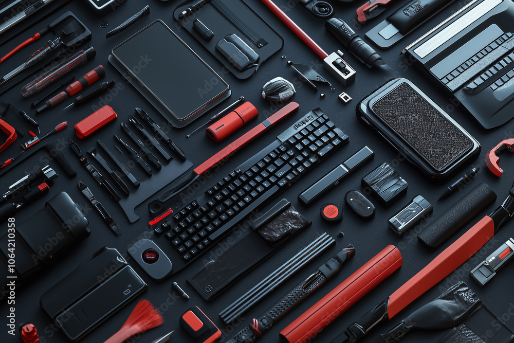 Fototapeta premium Top view of Digital designer toolkit with various tools and software.