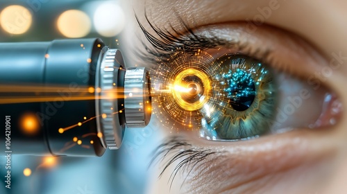 Precision focused close up of a tonometer device being used by a skilled ophthalmologist to accurately measure the pressure inside the patients eye