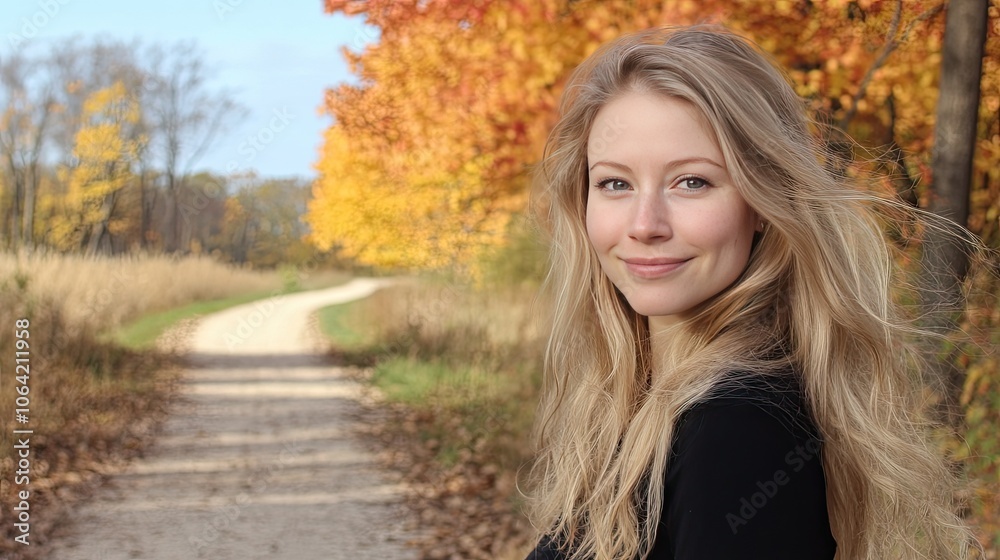 Young Woman Smiling on Autumn Trail Young Woman Smiling on Autumn Trail