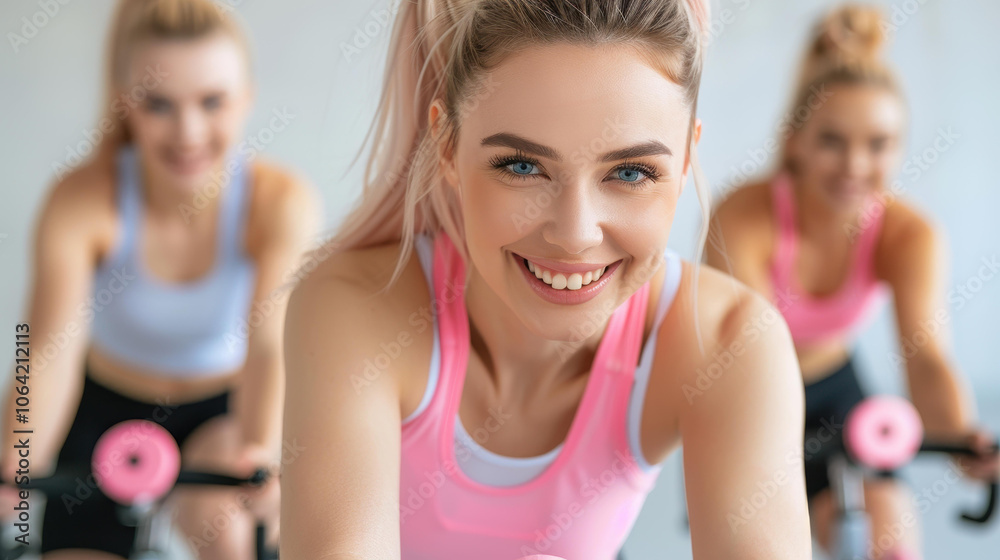 Fototapeta premium A happy young woman rides her bike in a spinning class, enjoying a lively atmosphere with her friends around her.