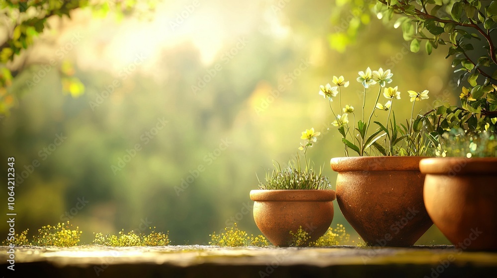 Three potted plants sit on a ledge in front of a green and leafy area, bathed in sunlight filtering through the trees Three potted plants sit on a ledge in front of a green and leafy area, bathed in sunlight filtering through the trees