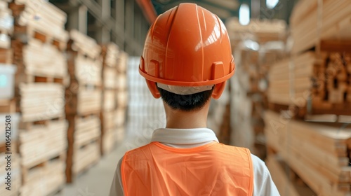 A dedicated worker in a safety vest prioritizes health and safety in a bustling factory environment.