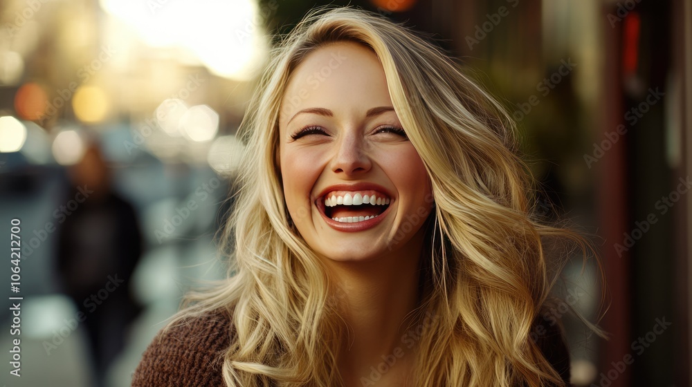 Joyful Woman Smiling on City Street Joyful Woman Smiling on City Street