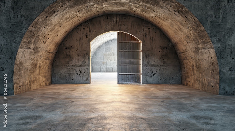 Fototapeta premium Step into a concrete cell with heavy steel doors, where echoes of past stories linger in the still air.