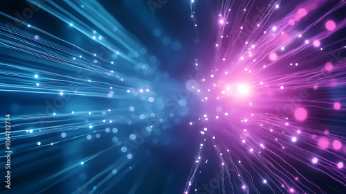 Fiber optic telecommunication network, emphasizing light transmission through glass fibers, with intricate visuals of data pulses,