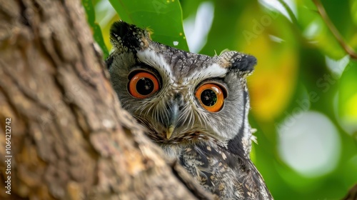 A stunning whitefaced scops owl perches in a tree, its large orange eyes capturing the beauty of the night. photo