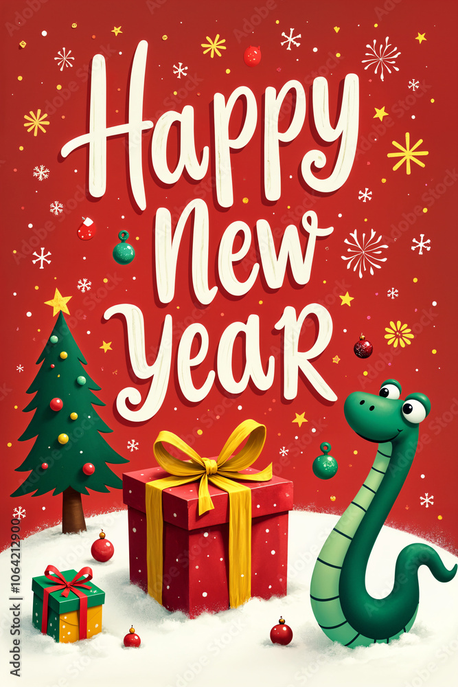 Festive greeting card celebrating the holiday season, featuring a cartoon snake and a Christmas tree. Festive greeting card celebrating the holiday season, featuring a cartoon snake and a Christmas tree.
