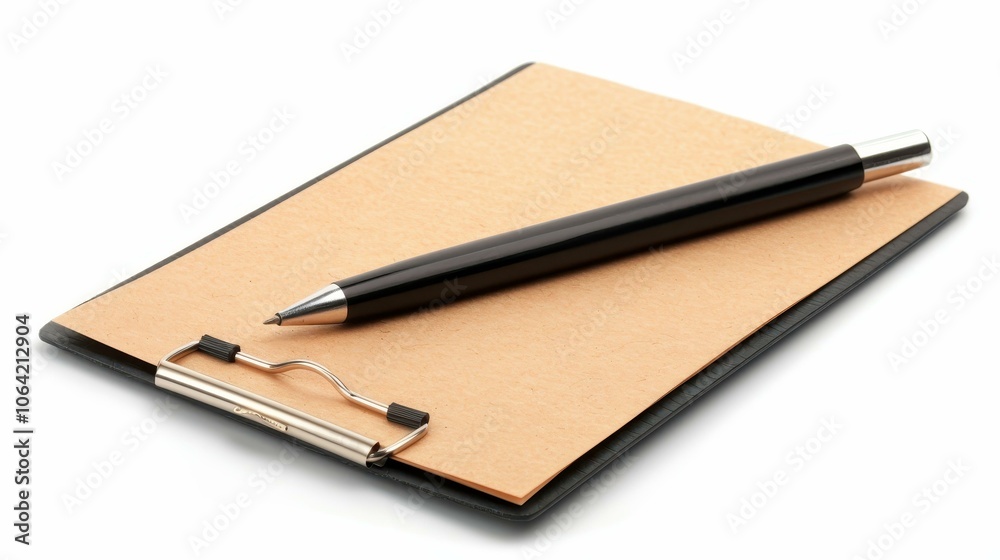 A classic brown paper on a clipboard, isolated against a white background, showcasing a slight page curl for an artistic touch. A classic brown paper on a clipboard, isolated against a white background, showcasing a slight page curl for an artistic touch.