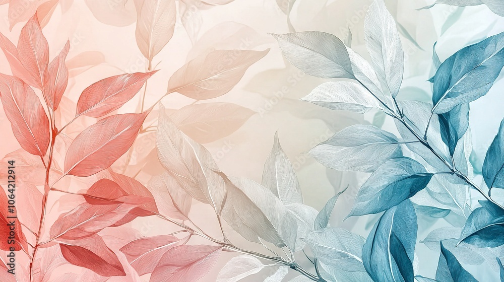 Close-up photo of multiple leaves on white/blue background with pink/blue color theme Close-up photo of multiple leaves on white/blue background with pink/blue color theme