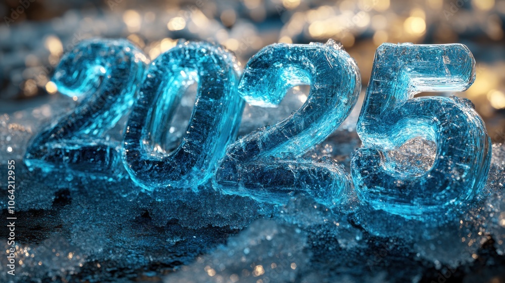 The year 2025 is sculpted in ice, with a sparkling bokeh background. The year 2025 is sculpted in ice, with a sparkling bokeh background.