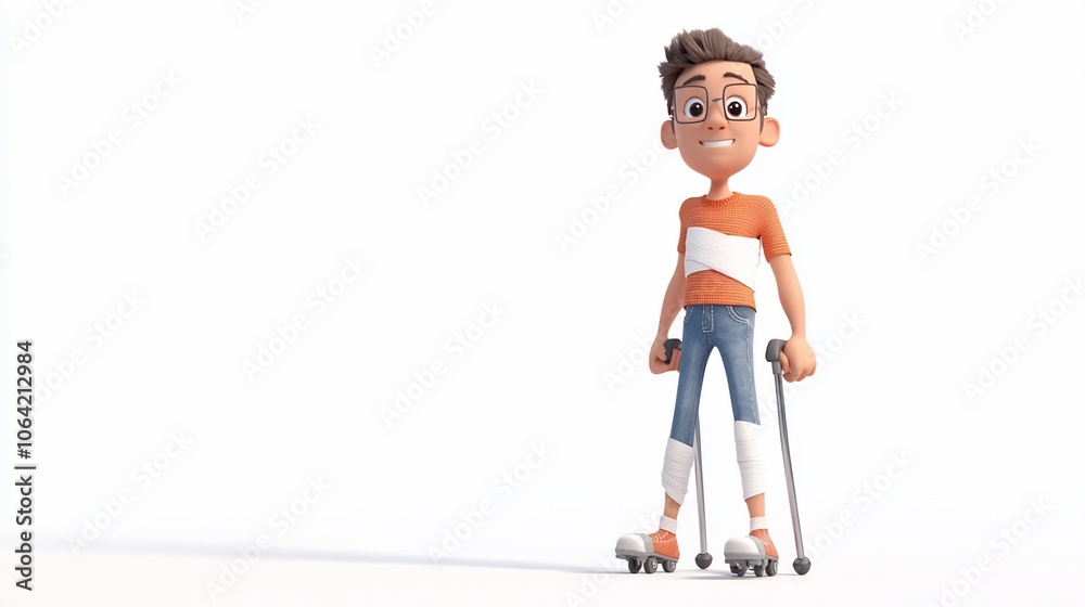 A happy cartoon boy with crutches and rollerblades smiles confidently, symbolizing overcoming challenges and embracing life. A happy cartoon boy with crutches and rollerblades smiles confidently, symbolizing overcoming challenges and embracing life.