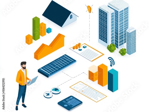 Isometric illustration of digital business and data analytics with graphs, buildings, and a businessman using technology.