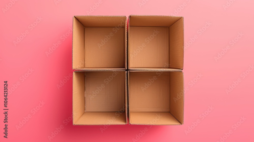 Obraz premium Open cardboard boxes in light pink backdrop, showcasing a minimal yet charming arrangement perfect for branding.
