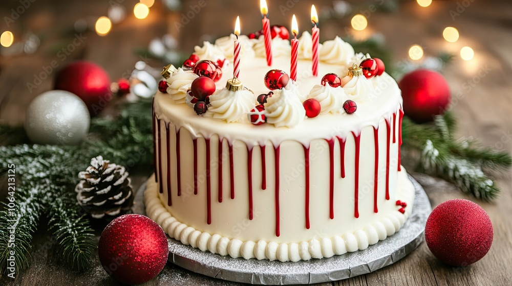 Festive Cake with Candles and Holiday Decorations Festive Cake with Candles and Holiday Decorations