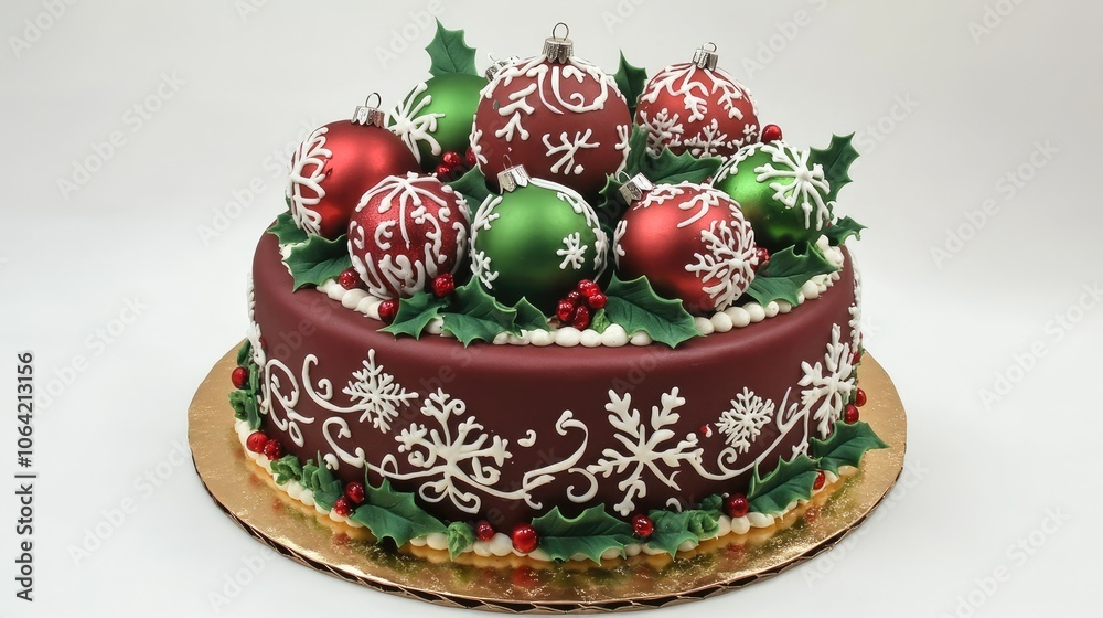 Festive Christmas Cake with Ornaments and Holly Decoration Festive Christmas Cake with Ornaments and Holly Decoration