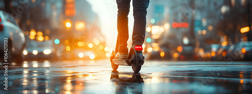 Man riding an electric scooter in the city on the road. Eco transportation concept.