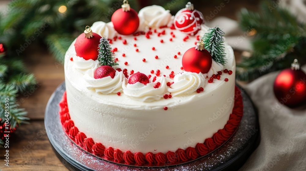 Festive Holiday Cake Decorated with Red Ornaments Festive Holiday Cake Decorated with Red Ornaments