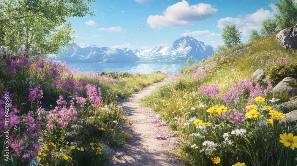 Fototapeta premium Trail in a national park with beautiful wildflowers along the path