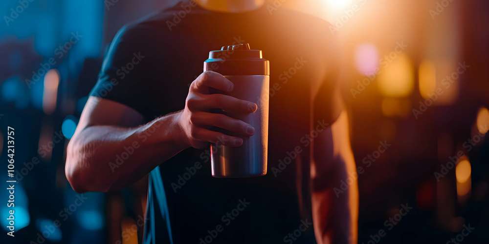Man holding sports shaker with protein in his hand, on background of gym. Protein nutrition concept. . Man holding sports shaker with protein in his hand, on background of gym. Protein nutrition concept. .