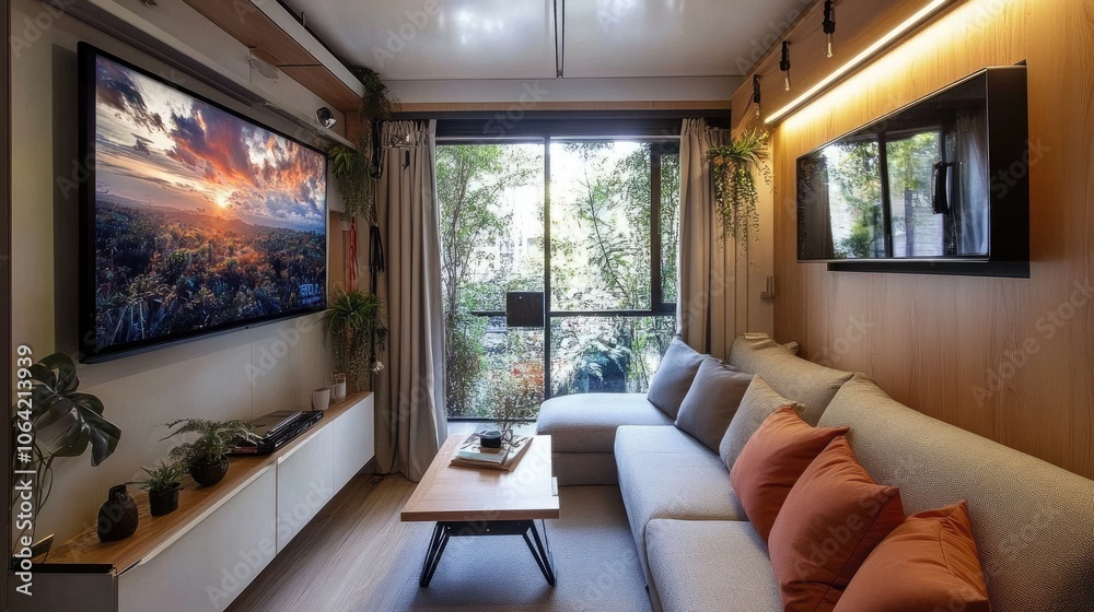 Modern living room with nature view and comfortable seating Modern living room with nature view and comfortable seating