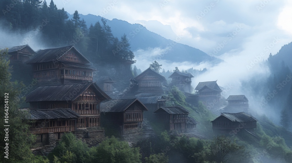 Fototapeta premium Remote mountain village with traditional architecture in foggy weather