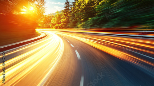 Winding road with light trails at sunset, a 3D rendering illustration of asphalt and sky during the golden hour